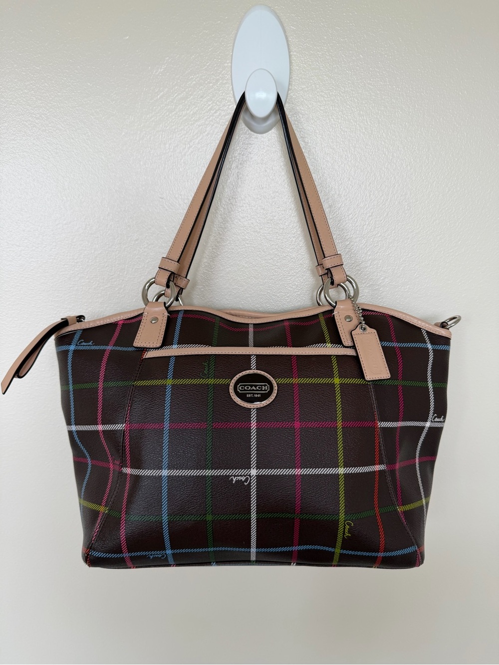 COACH Peyton Tattersall Leather Tote F24390 Shoulder Handbag Purse